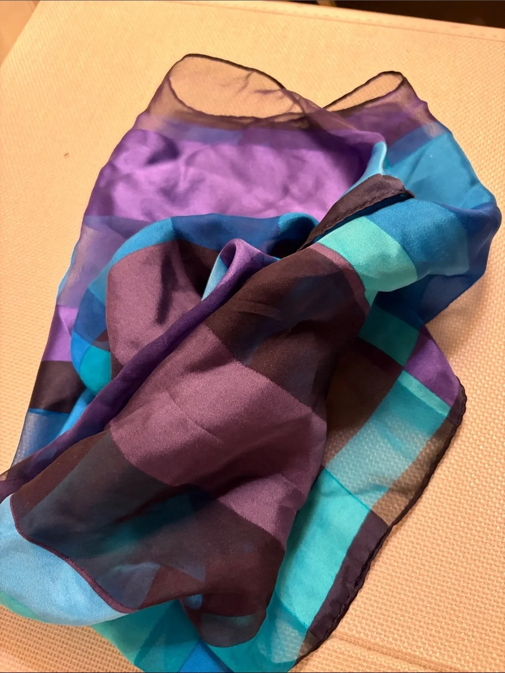 Vintage Adriene Vittadini silk geometric pattern in blues and purples 35”x35”.